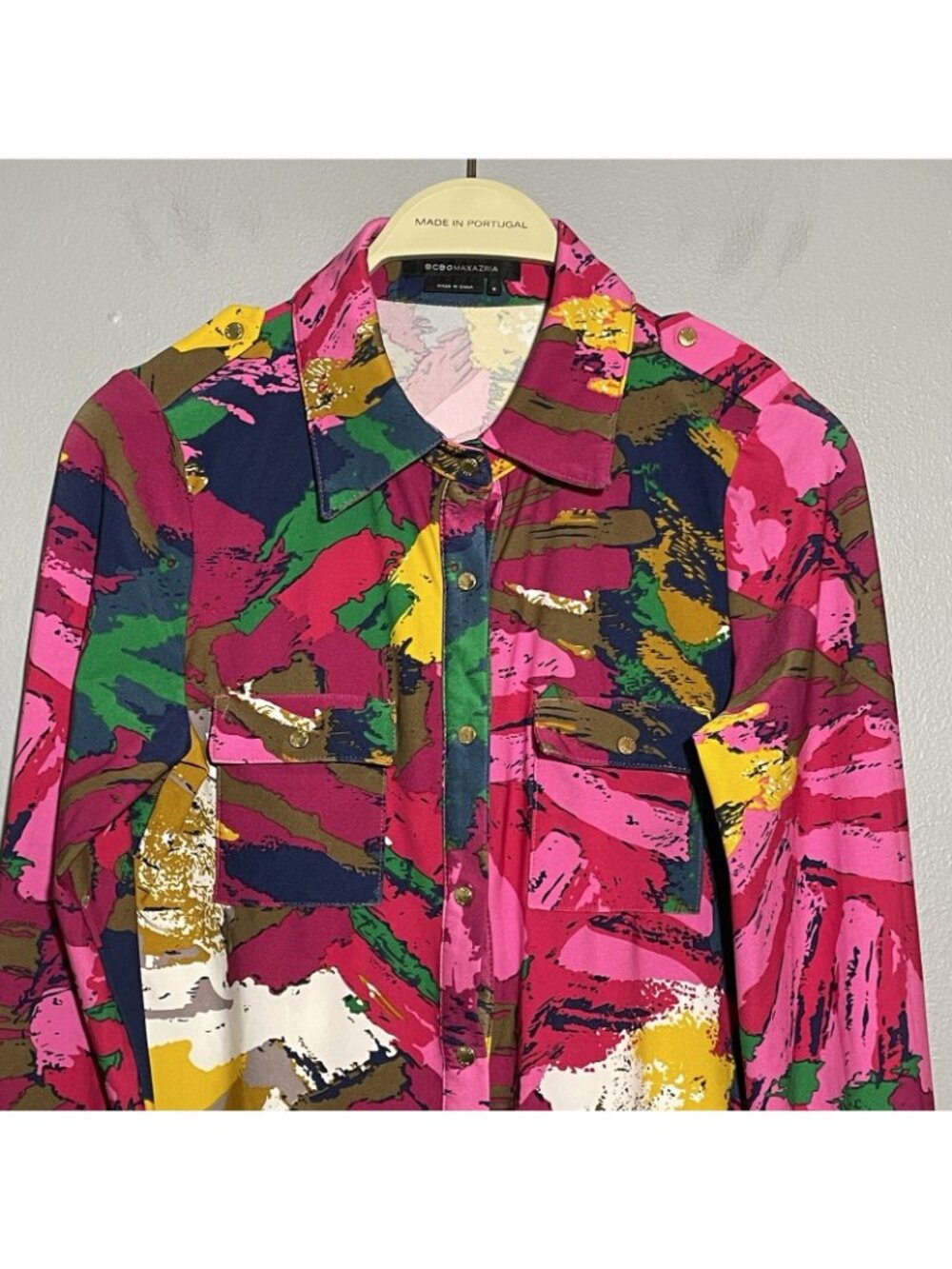 Bcbgmaxazria Blouse Top Women Size S Pink Colorful Retro Art Shoulder Tab Pocket - Picture 10 of 12